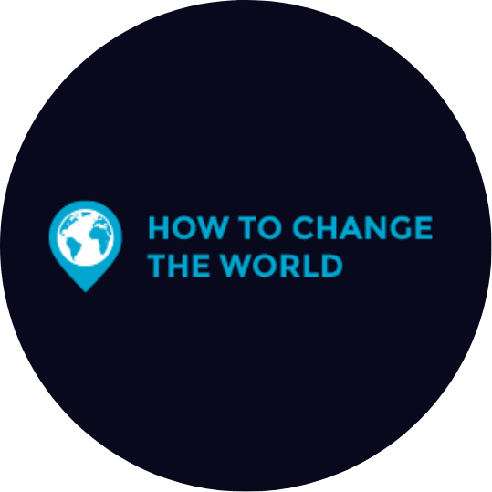 A circular black background with a light blue globe icon and the text 'How to Change the World' in blue.