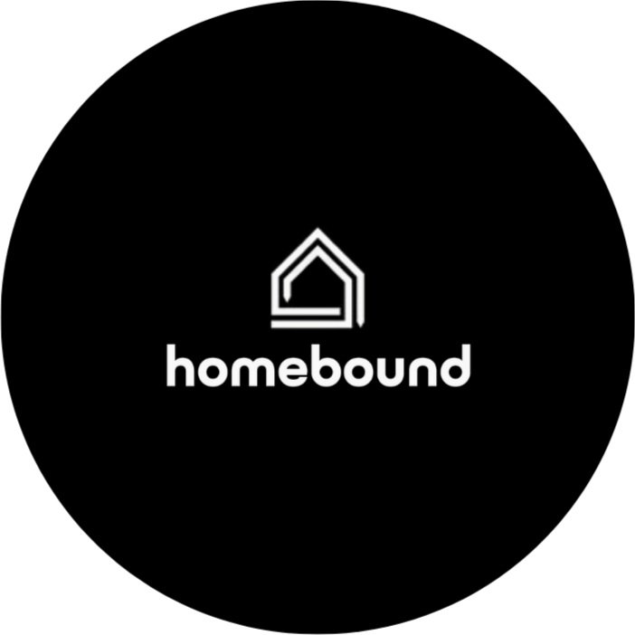 Black circular logo with a stylized house icon above the word "homebound" in white text.