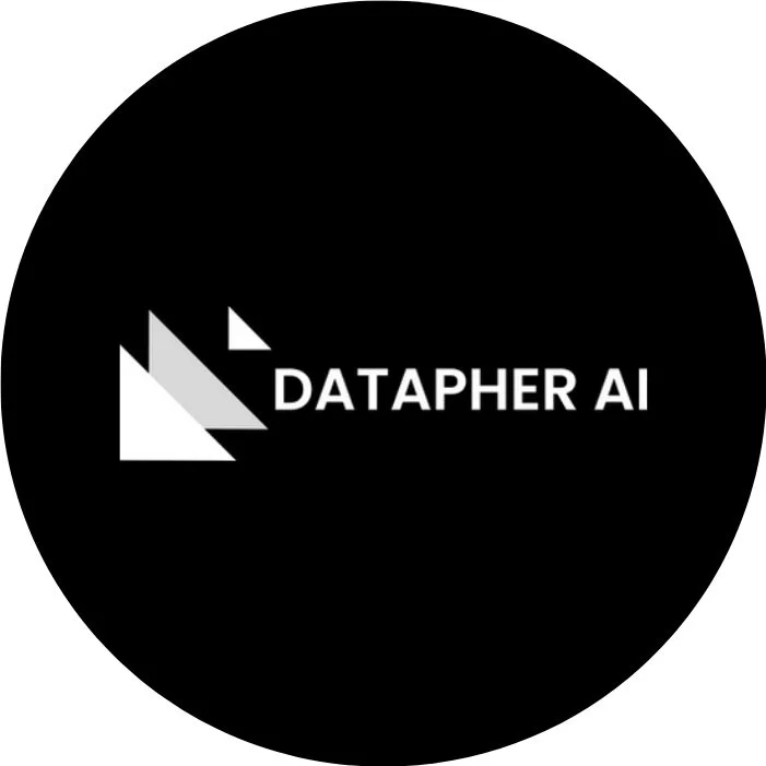 Logo of Datapher AI with geometric triangles and company name on a black circular background.