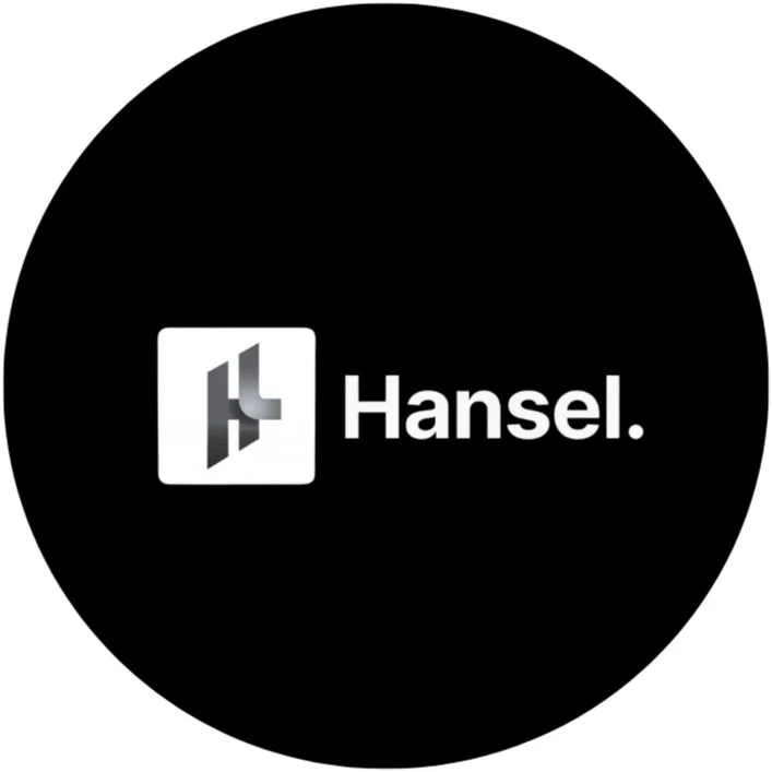 Black circular background with a white and gray logo of a stylized letter H and the word 'Hansel.' in white text.