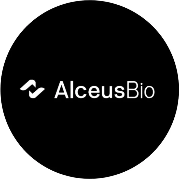 The image features a black circle with the white logo and text 'AlceusBio' in the center.