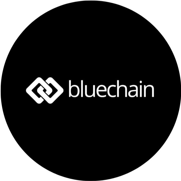 Black circular background with the white logo and text 'bluechain' in the center.