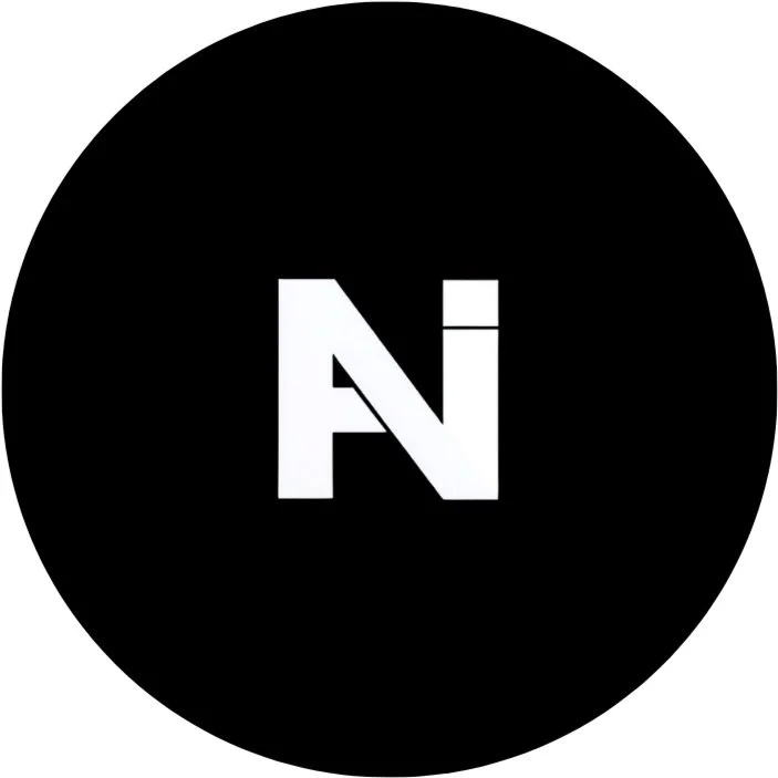 A black circular background with a white stylized letter 'N' in the center.
