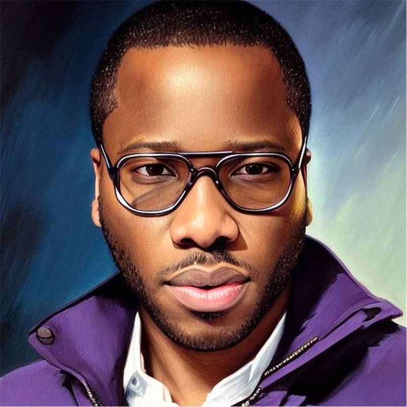 Close-up portrait of a young man with glasses, wearing a purple jacket and white shirt, with a colorful, painted background.