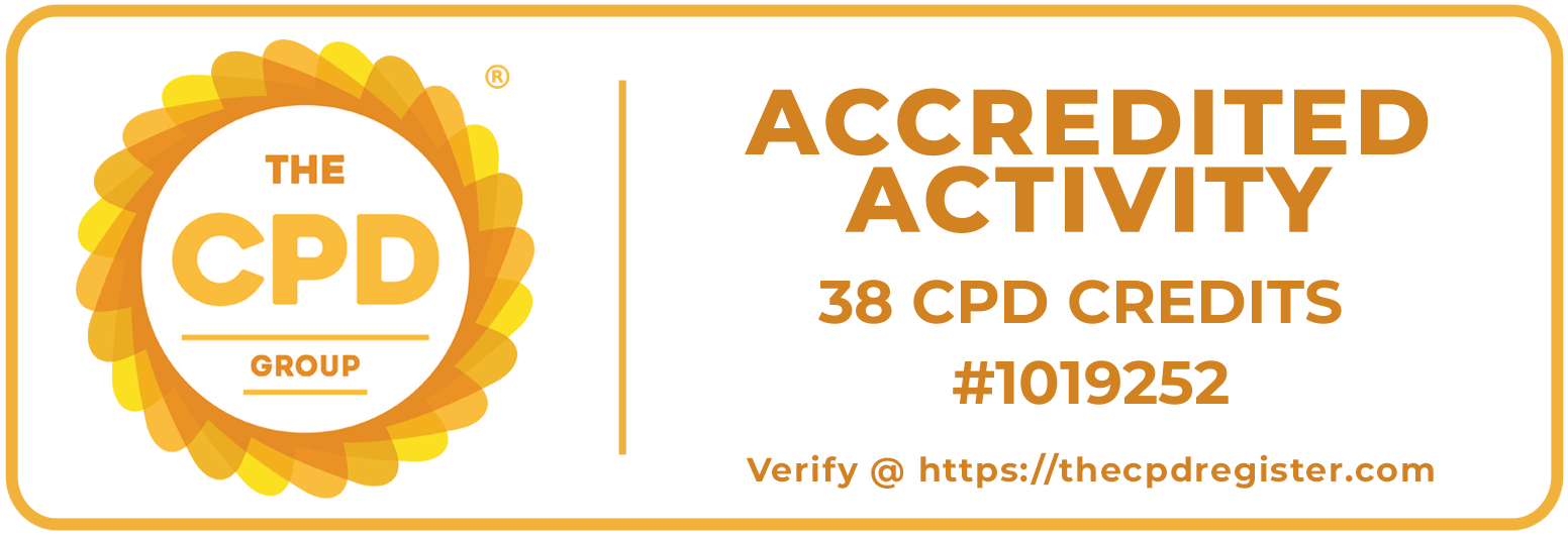 Certificate indicating an accredited activity with 38 CPD credits from The CPD Group, including a serial number and verification website.