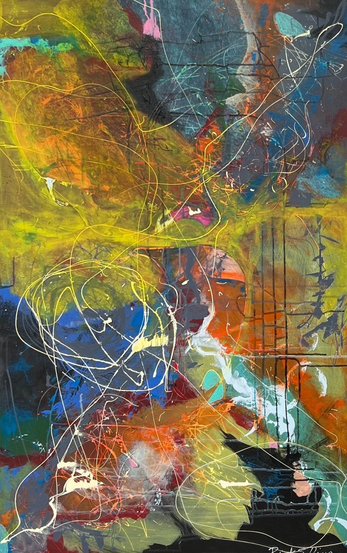 SOLD. "Subterfuge"  Acrylic, latex, oil pastels and mixed media.  30x48.