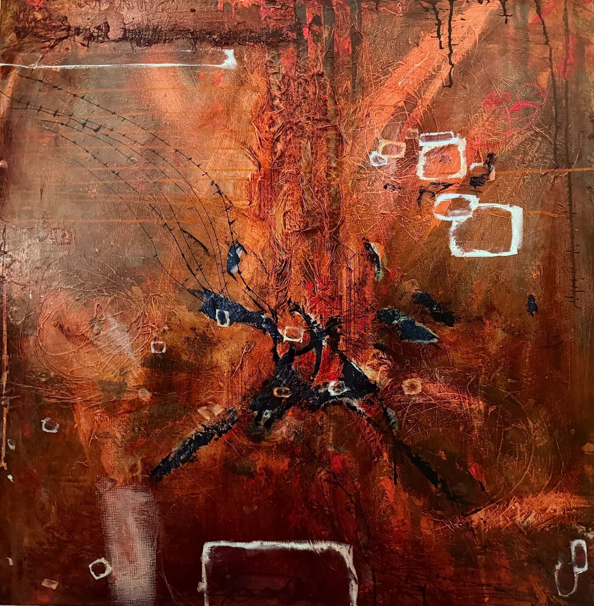"Parallax Aperture"  Acrylic, latex and mixed media on gallery canvas.  36x36.  $1900