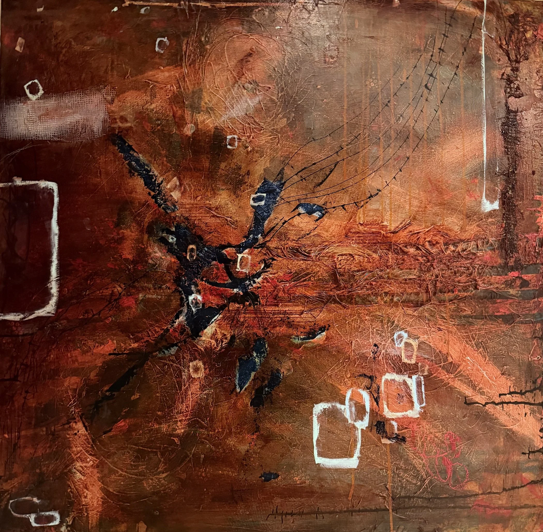 "Parallax Aperture"  Acrylic, latex and mixed media on gallery canvas.  36x36.  $1900