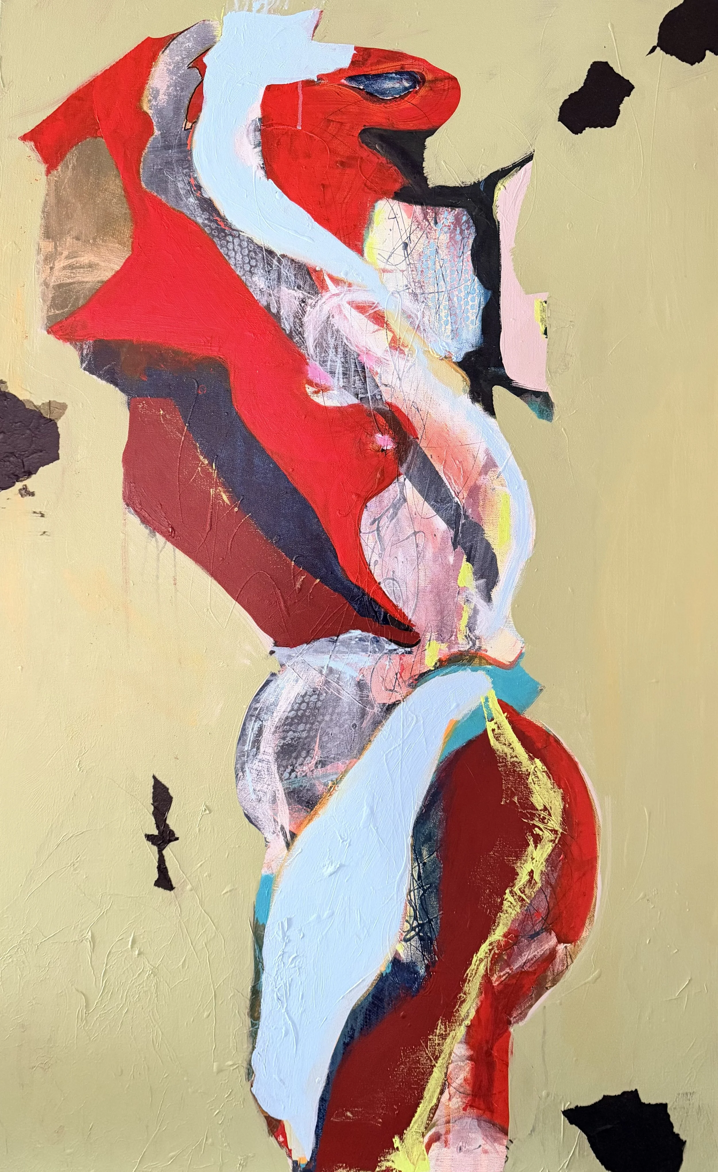 "The Gravity Of His Thoughts"  Acrylic, latex and mixed media on gallery canvas.  30x48.  $1800