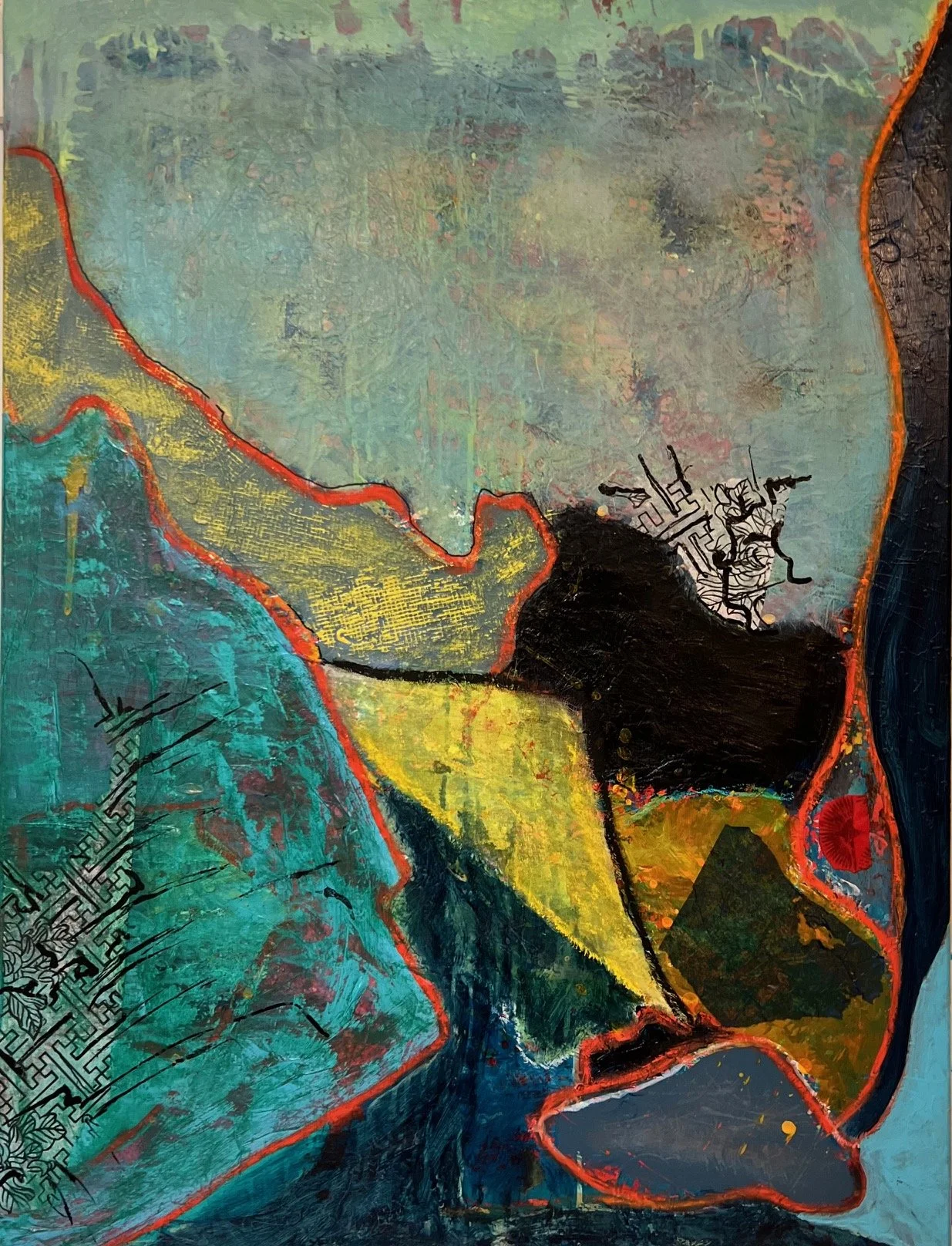 "Palace Intrigue"  Acrylic, latex, oil pastels and mixed media.  30x40.   $1250
