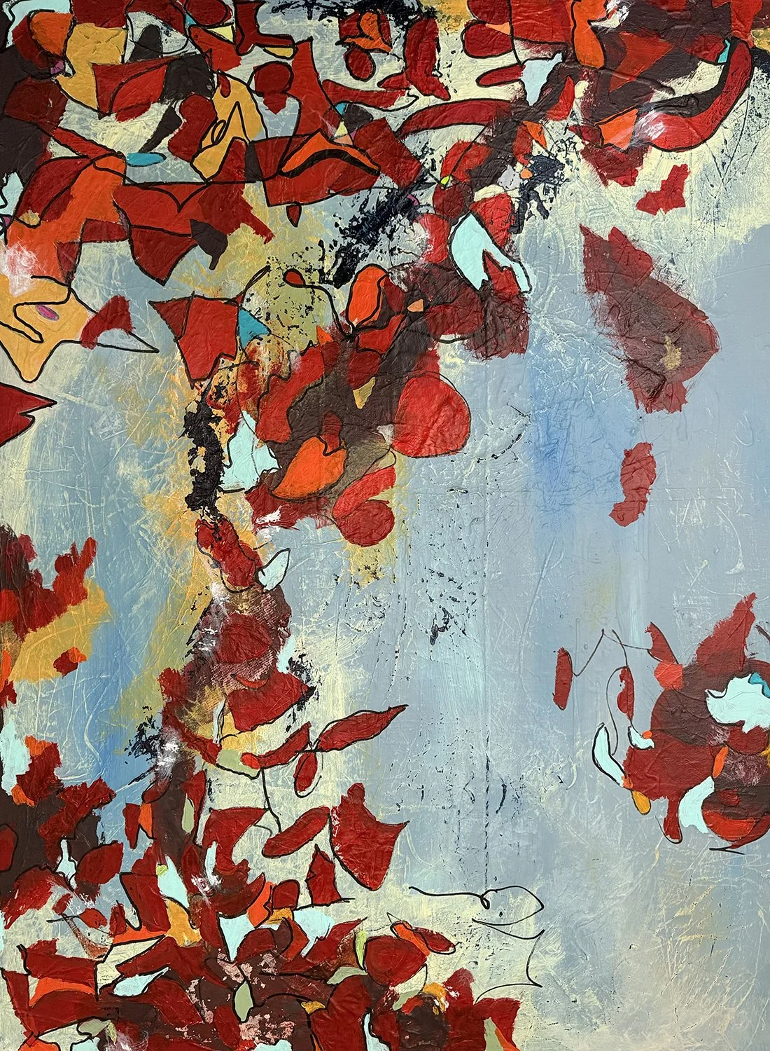 HER MANY MEMORIES  (Acrylic on canvas, 30x40, SOLD).  This work gathers fragments of a shared life and lifts them into motion and color. The reds carry warmth, love, and lived moments; the open ground offers breath and light. It is a reminder that me