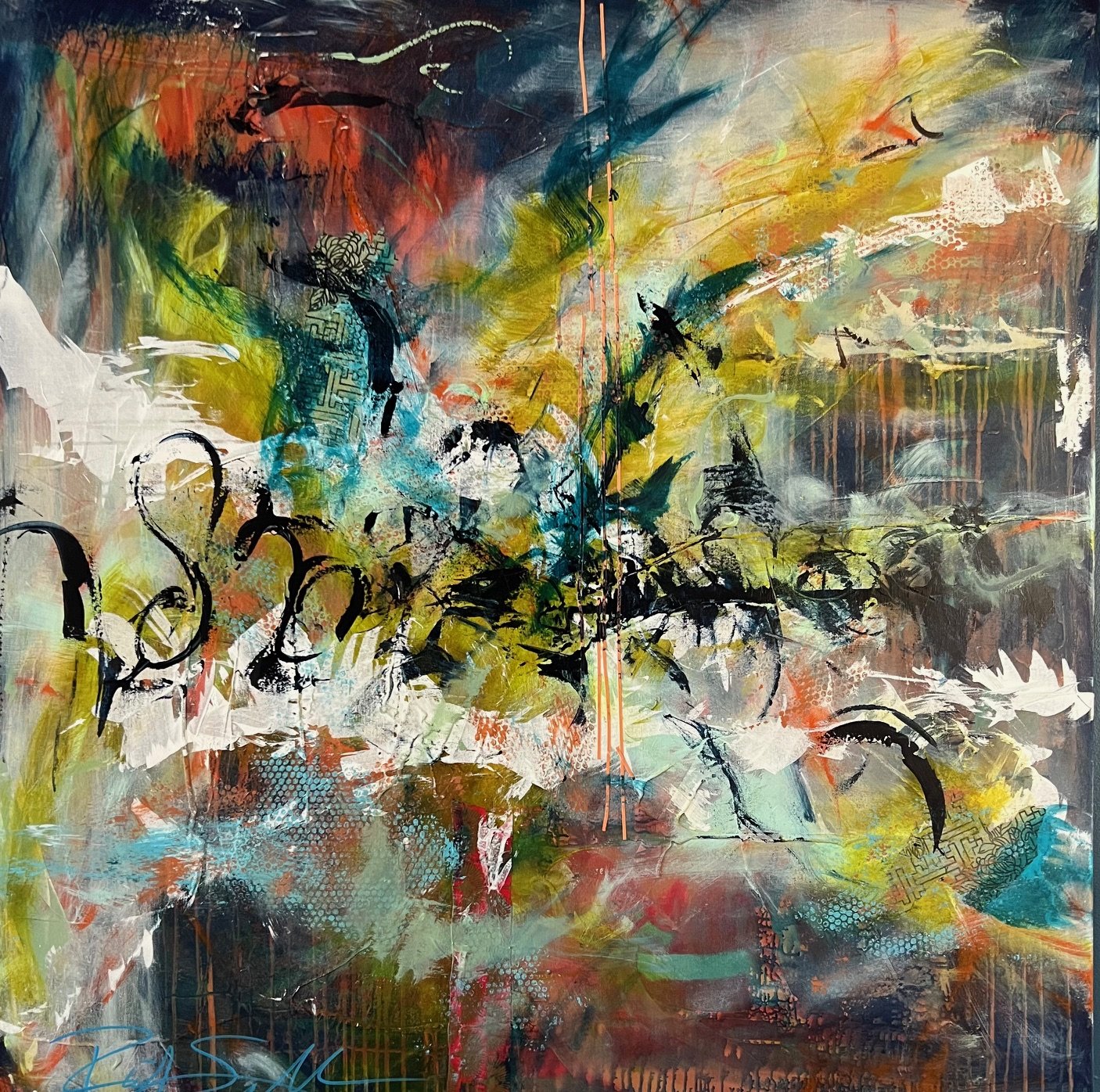 "Crush" Acrylic, latex, oil pastels and mixed media.  48x48.   $2800