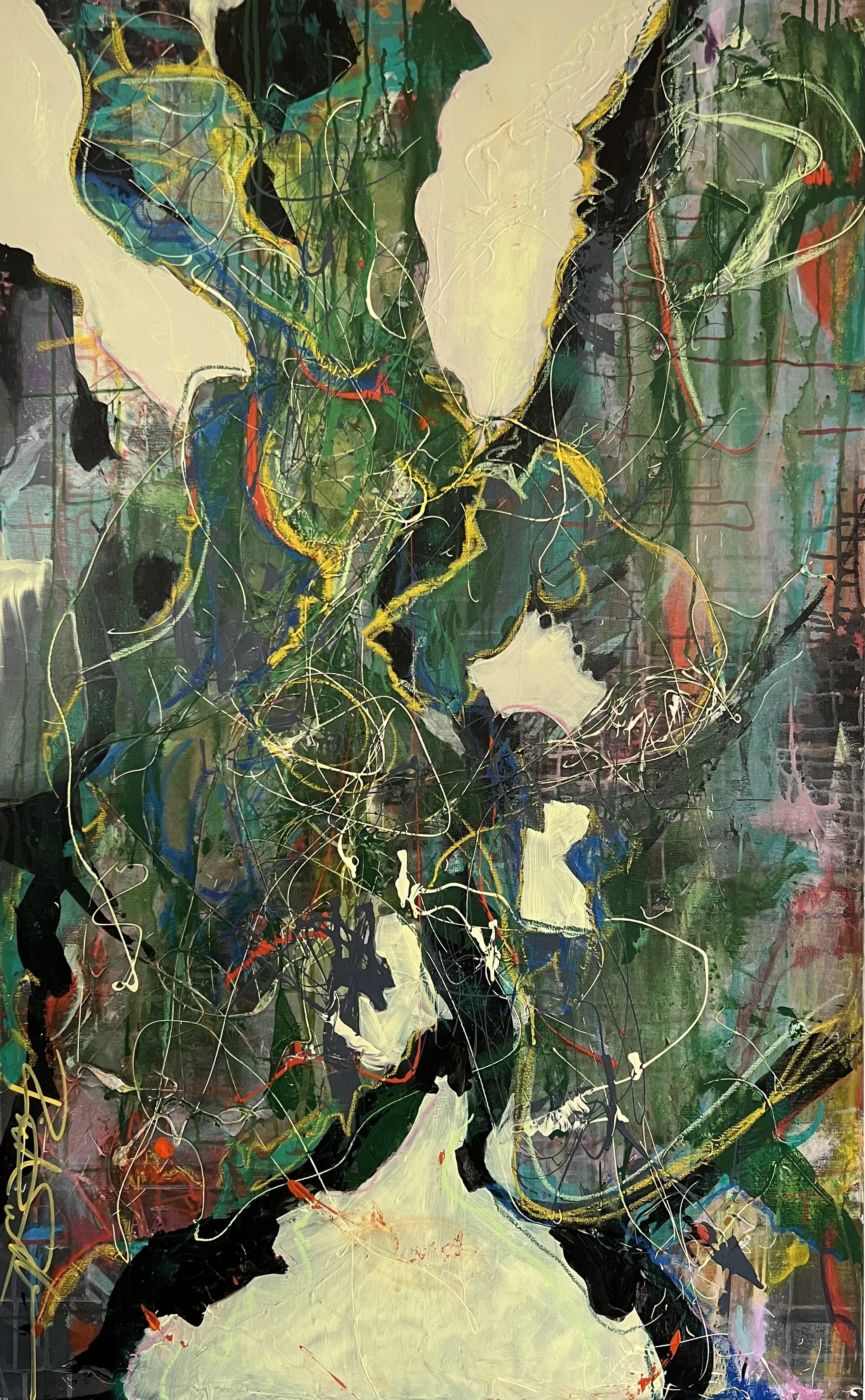 "Betsy's All-Girl Ukulele Band"  Acrylic, latex and oil pastels.  30x48.   $1000