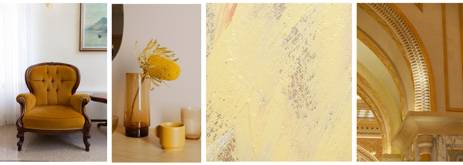 Soft golden yellow color palette featuring ochre upholstery, warm decorative accents, layered texture, and architectural details for Fall 2026 interiors