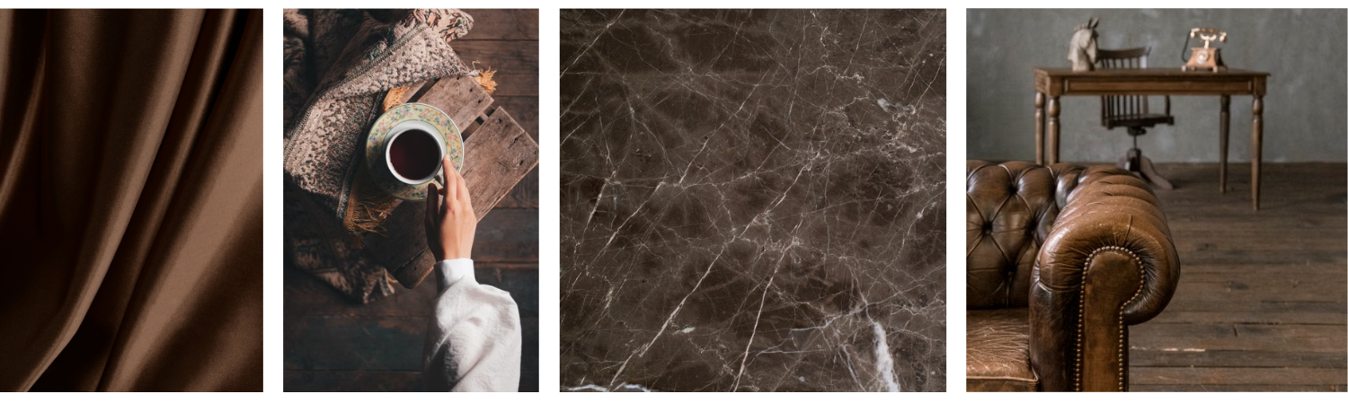 Rich brown color palette featuring chocolate textiles, dark wood, brown marble, and aged leather for warm Fall 2026 interiors