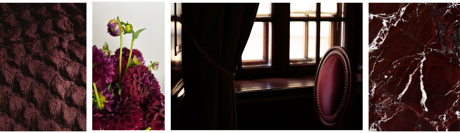 Wine red and burgundy color palette featuring rich textiles, florals, upholstered furniture, and red marble for Fall 2026 interiors