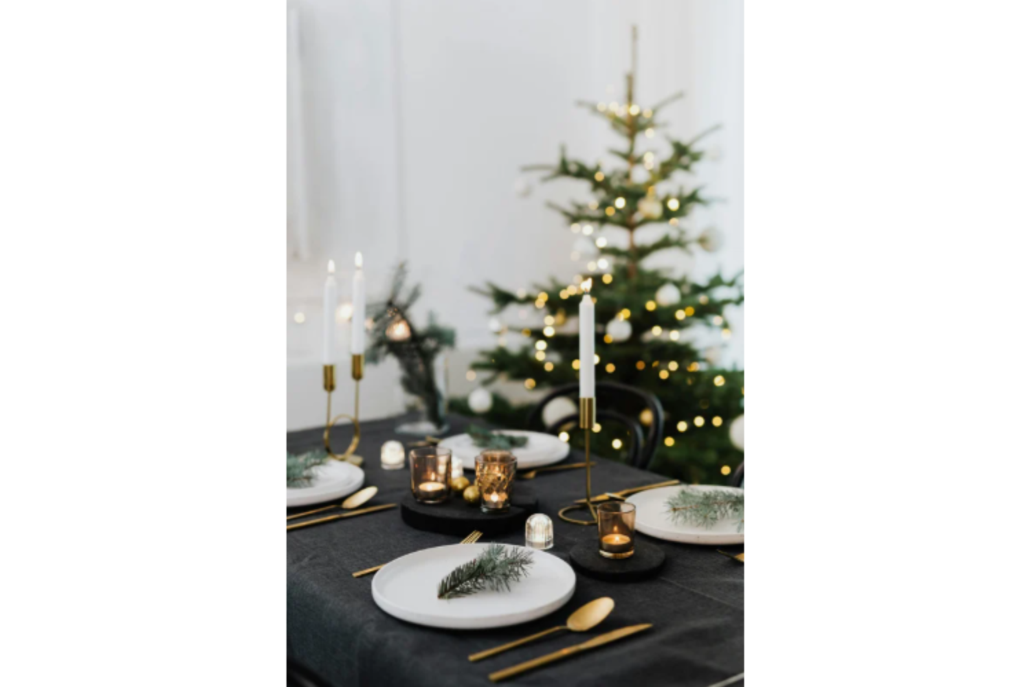 Evening view of twinkling Christmas tree lights illuminating the room