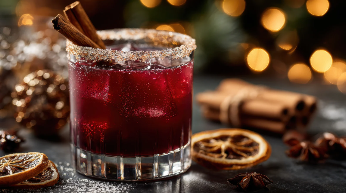 Festive glassware and cocktail garnishes arranged for holiday entertaining