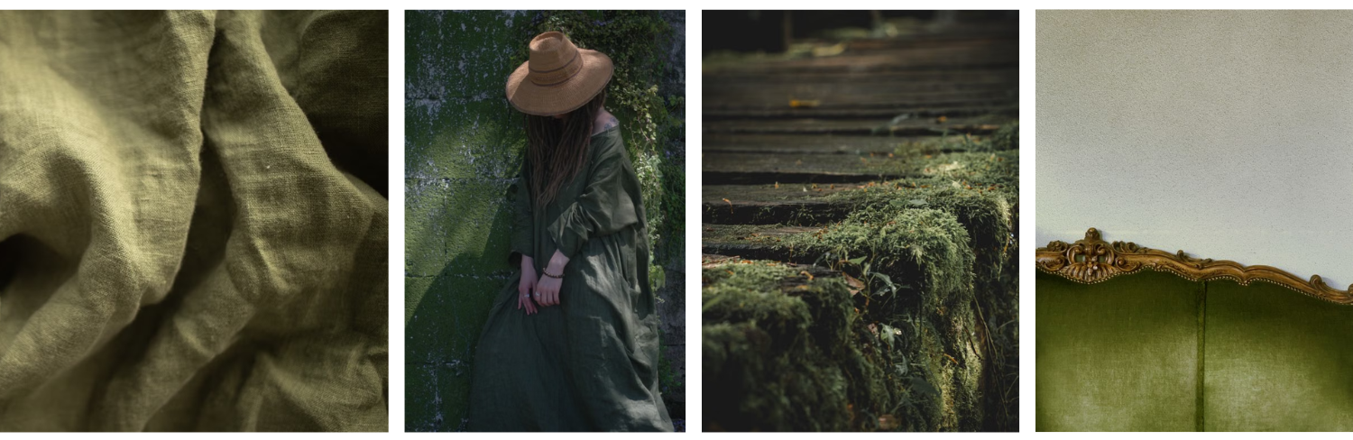 Earthy green color palette featuring olive linen, moss, deep green fashion, and vintage velvet upholstery for Fall 2026 interiors