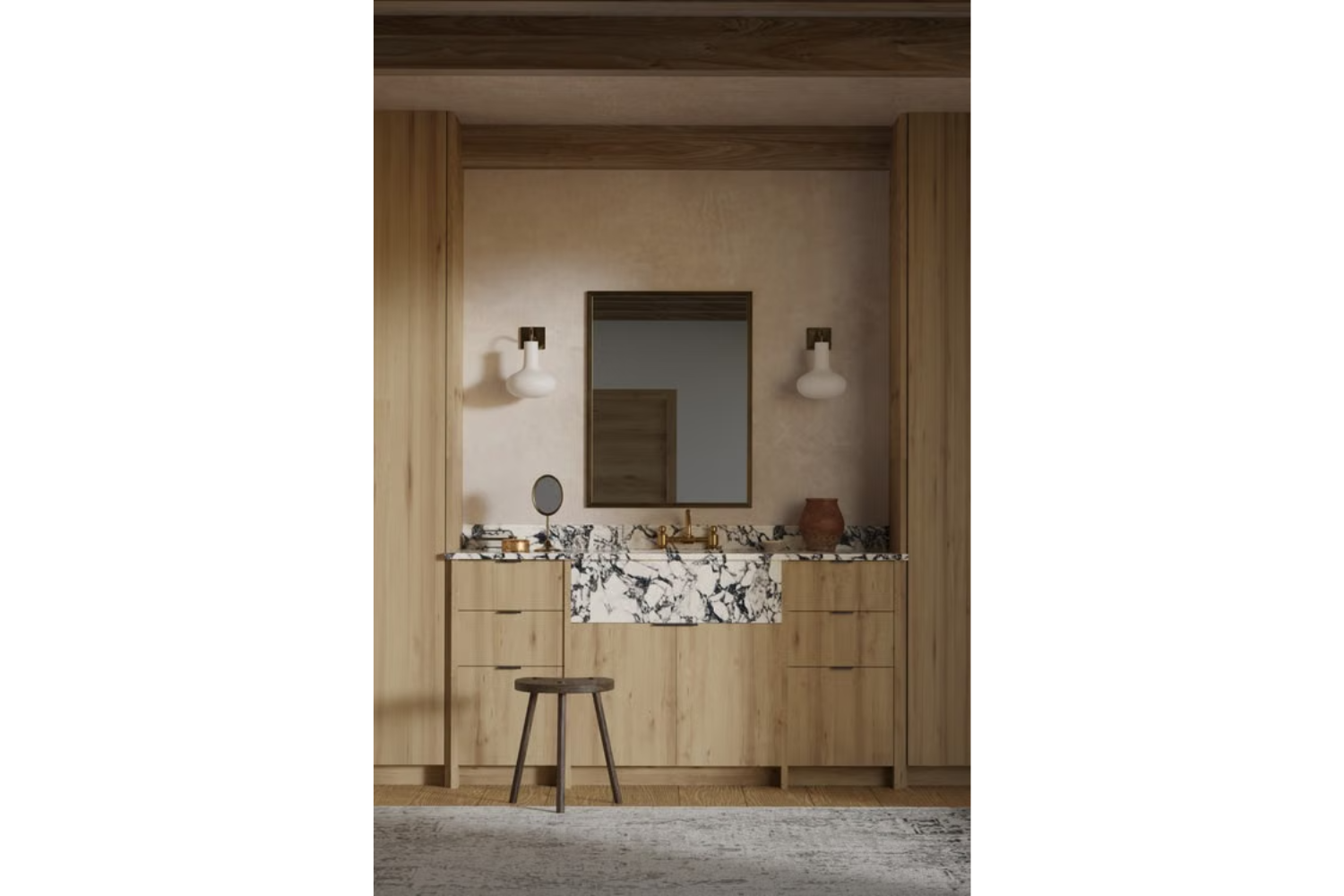 Bathroom interior combining warm wood cabinetry and architectural millwork with a contrasting stone vanity.