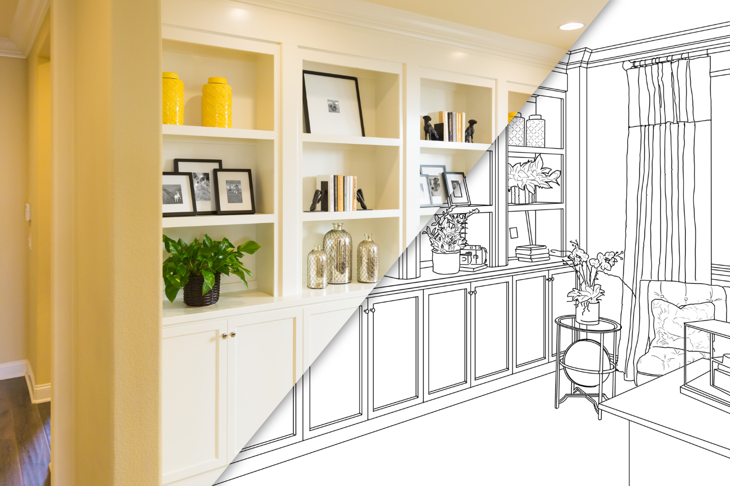 Side-by-side illustration showing a custom built-in cabinetry concept drawing alongside the completed installation, demonstrating the transformation from design vision to finished architectural detail.
