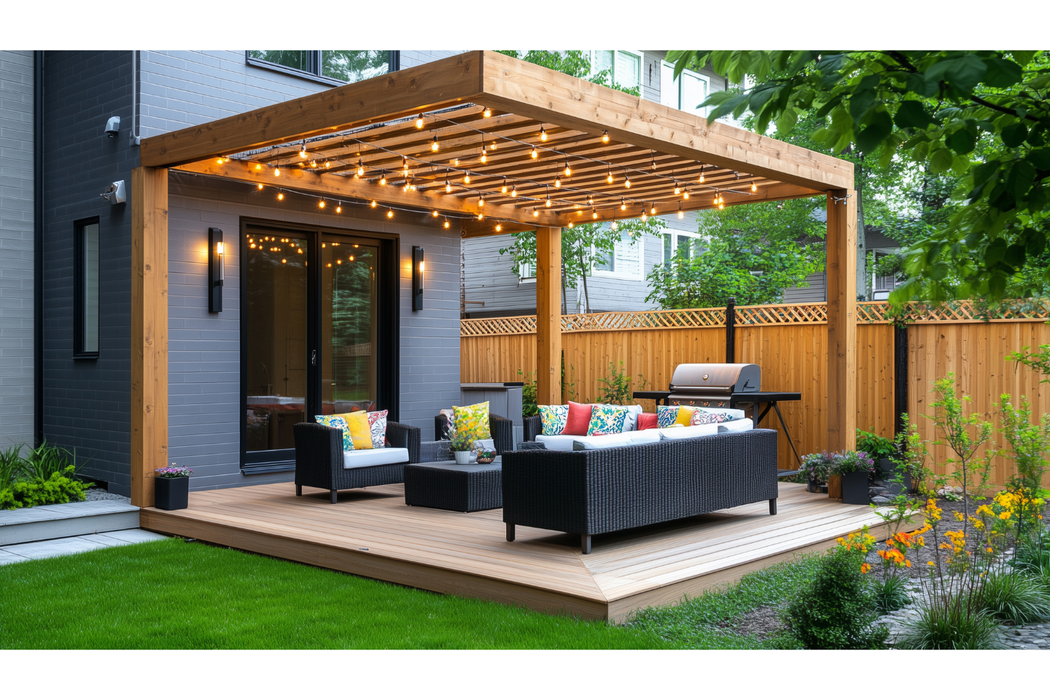 Outdoor seating area under pergola with filtered natural light
