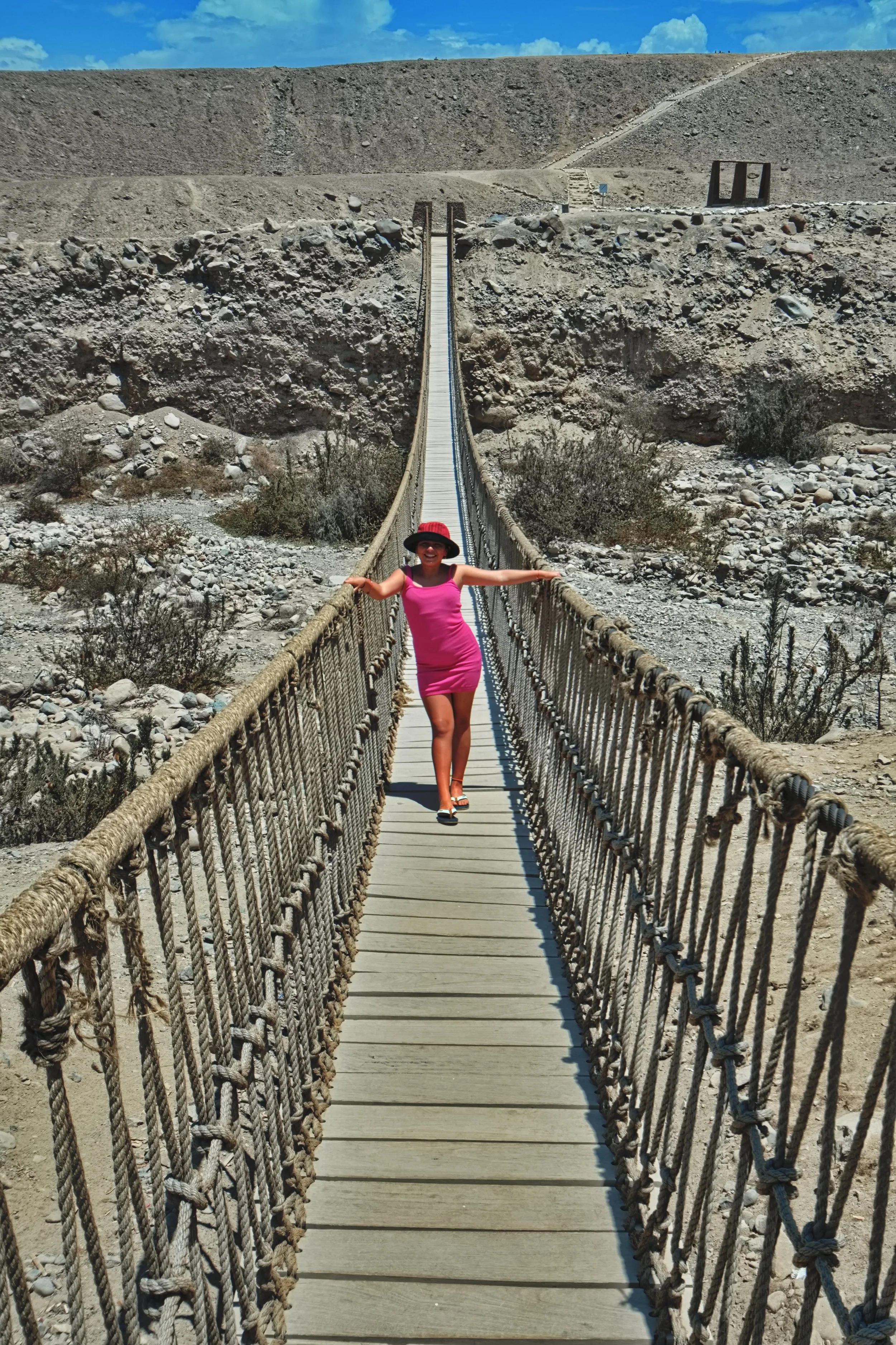 A woman in a pink dress and red hat standing on a suspension bridge in a desert landscape.