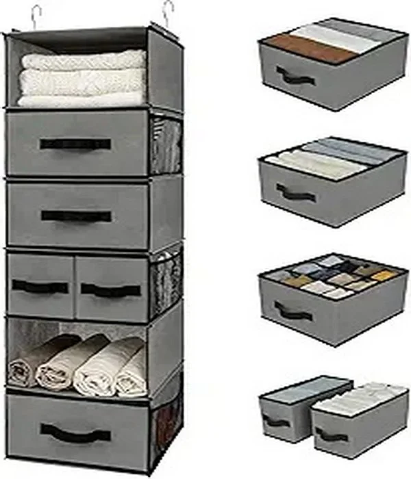 GRANNY SAYS Hanging Closet Organizer 6 Shelves, Closet Organizers and Storage with 5 Drawers, 6 Side Pockets Closet Hanging Organizer, Hanging Storage Organizer for Closet, Baby Clothes, Gray