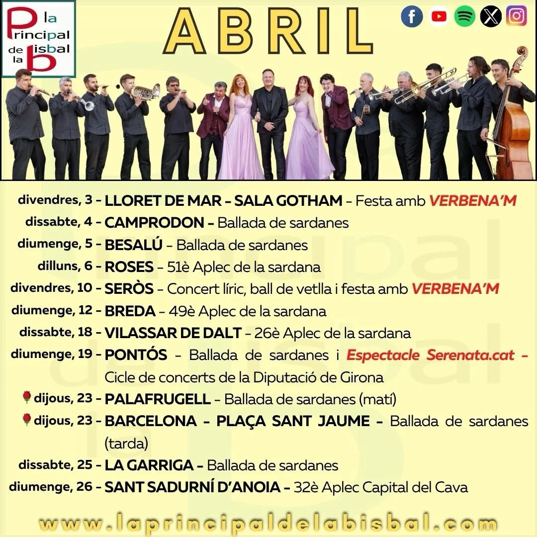 📌📅 Us adjuntem l&rsquo;AGENDA del mes d&rsquo;ABRIL🍀

👉 M&eacute;s info: https://www.laprincipaldelabisbal.com/agenda