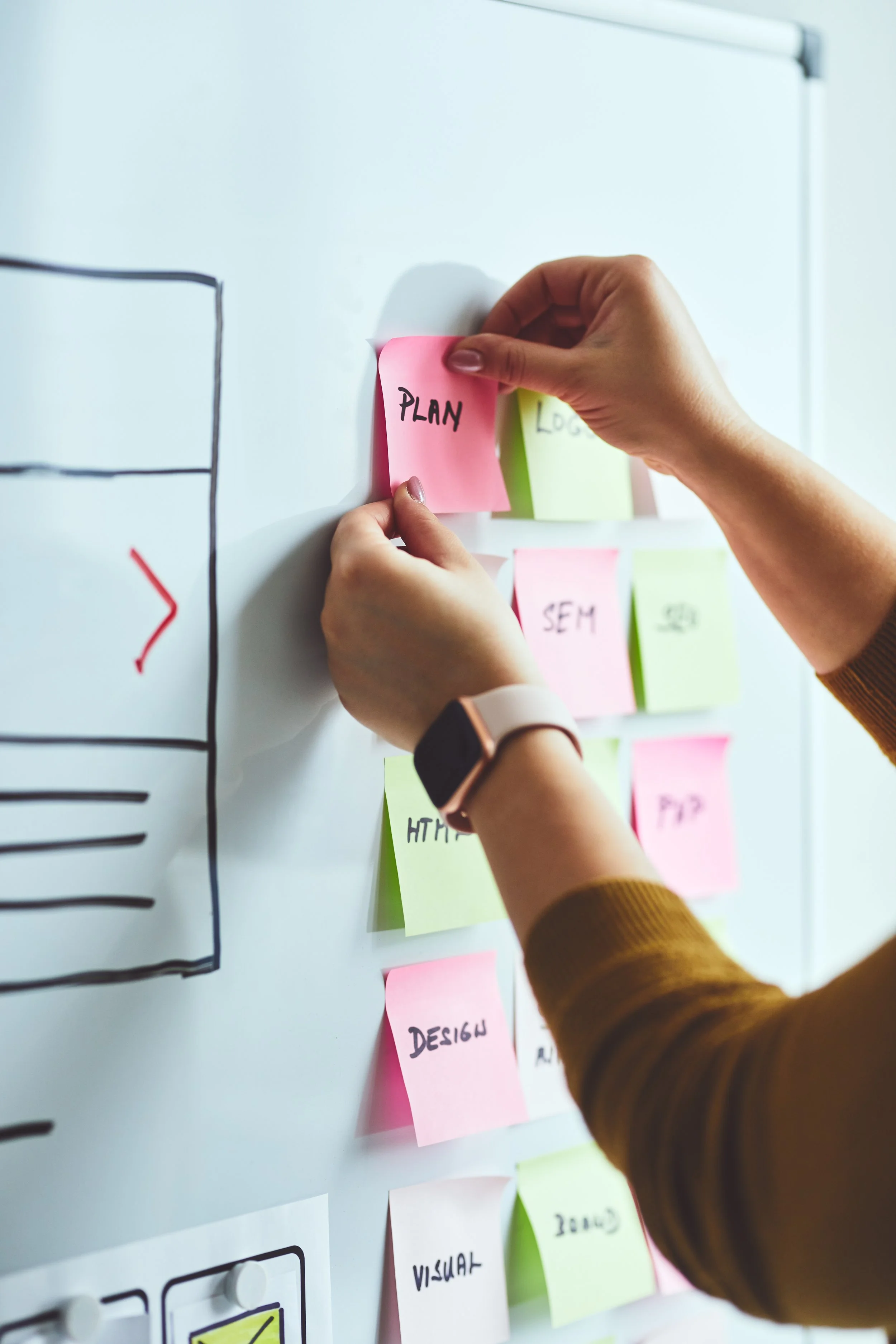 Personne qui colle des postit sur un mur pour l'organisation d'un projet