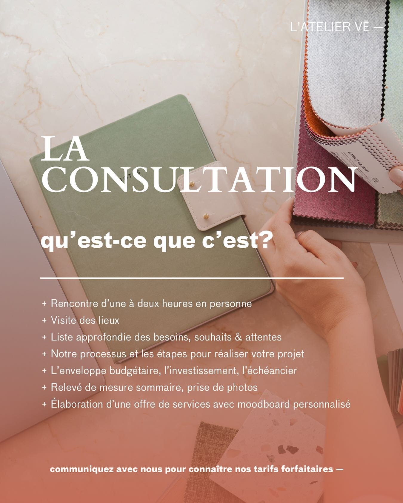 La consultation &mdash; Phase 1 de notre processus 

Suite &agrave; l&rsquo;appel d&eacute;couverte, la plupart des projets d&eacute;bute avec une consultation sur le site du projet. 

Cette rencontre a pour but d&rsquo;apprendre &agrave; vous connai