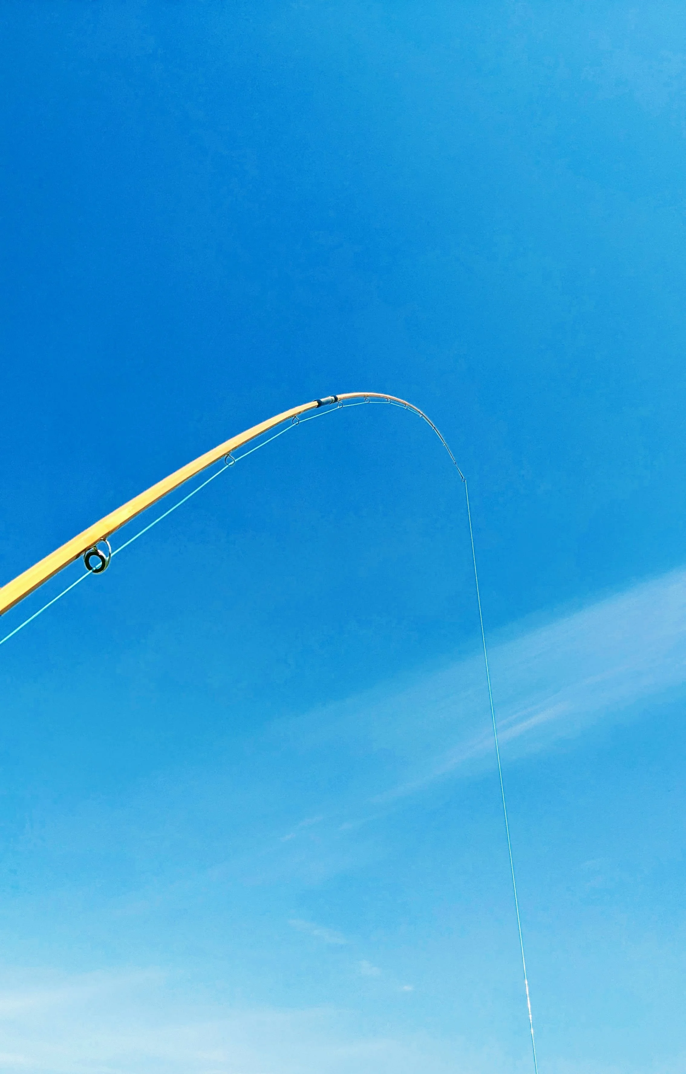 Close-up view of a fishing rod against a bright blue sky.