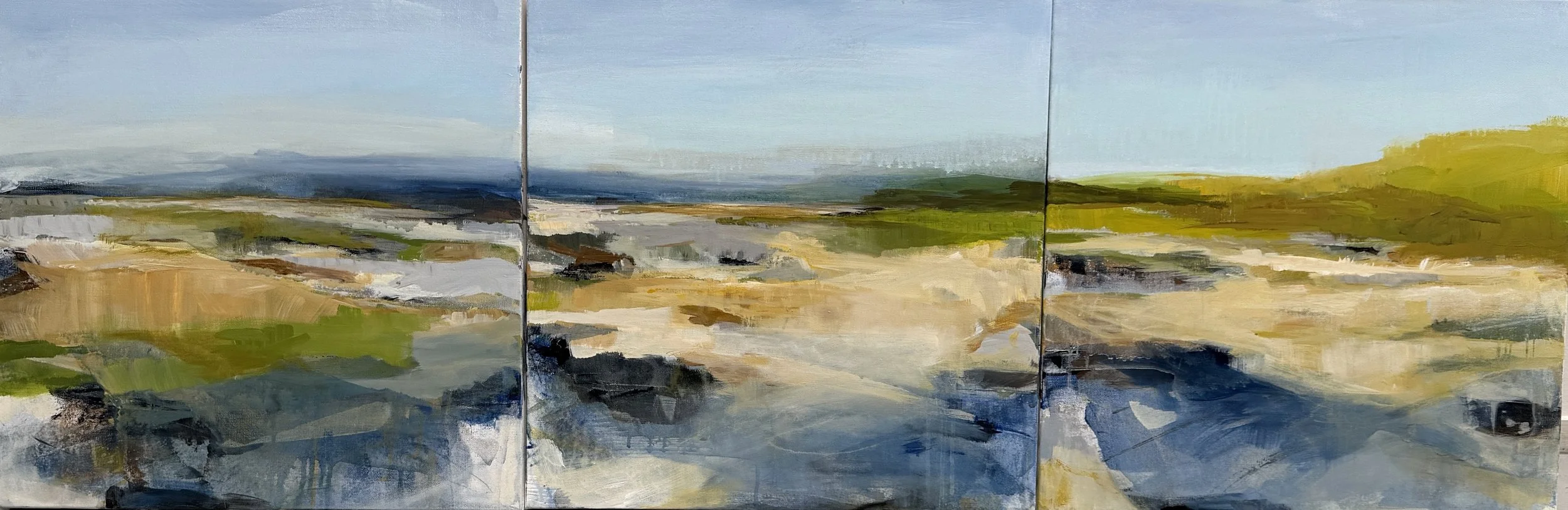 Between The Tides Triptych 20"x60"  Each piece is in a maple float frame