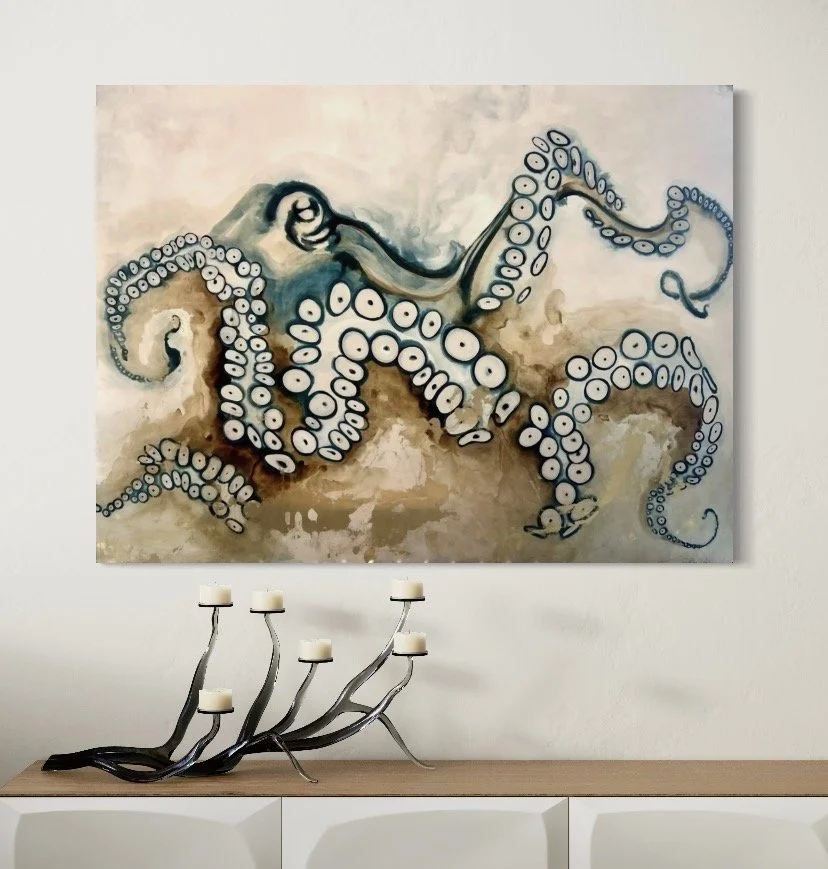abstract octopus gliding through a blue gold dreamscape