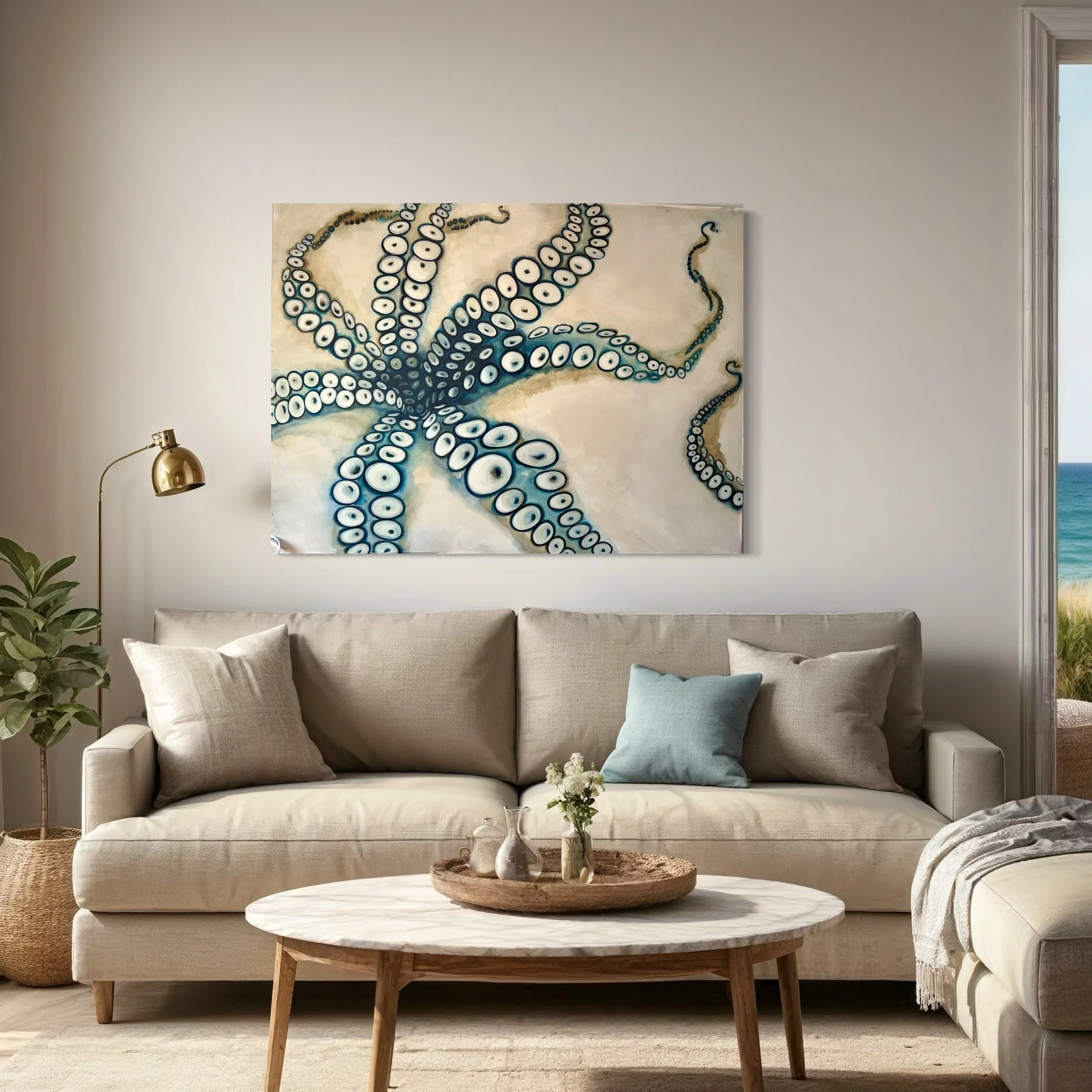 Abstract painting of blue and white octopus tentacles with visible suction cups on a light background.