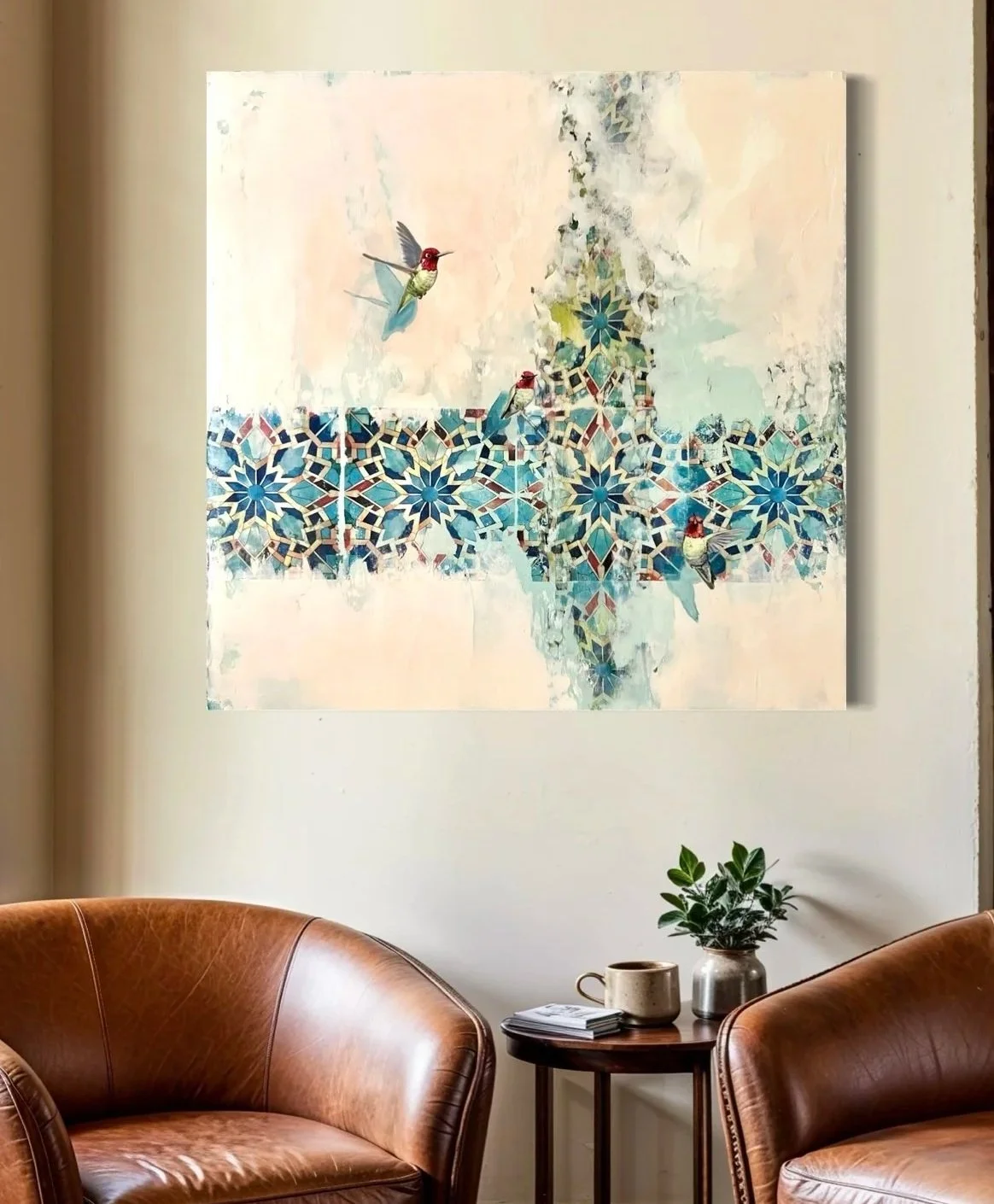 humming birds dancing infront of a turkish motif