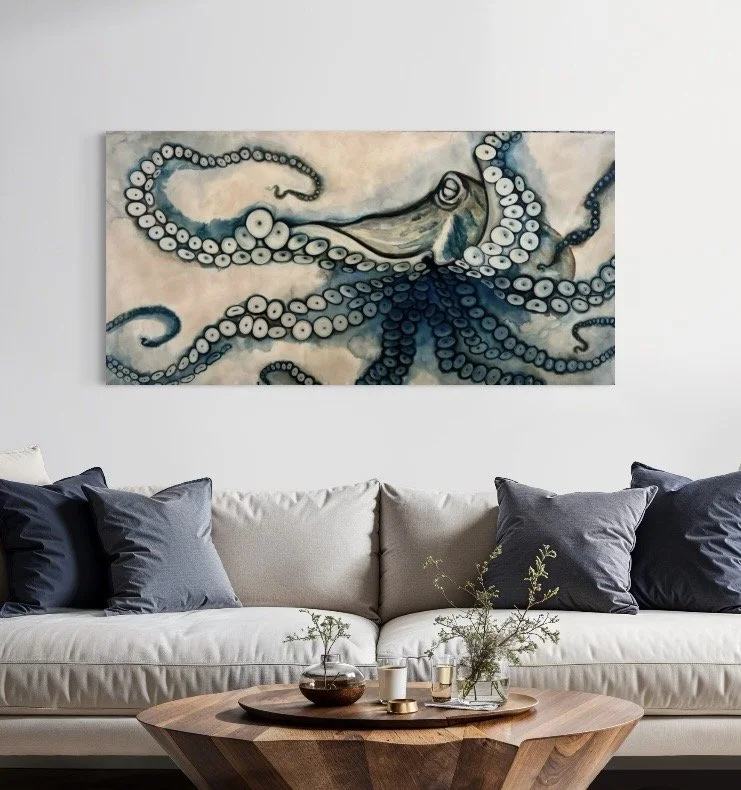 Artistic depiction of an octopus with detailed tentacles and suction cups in shades of blue and beige.