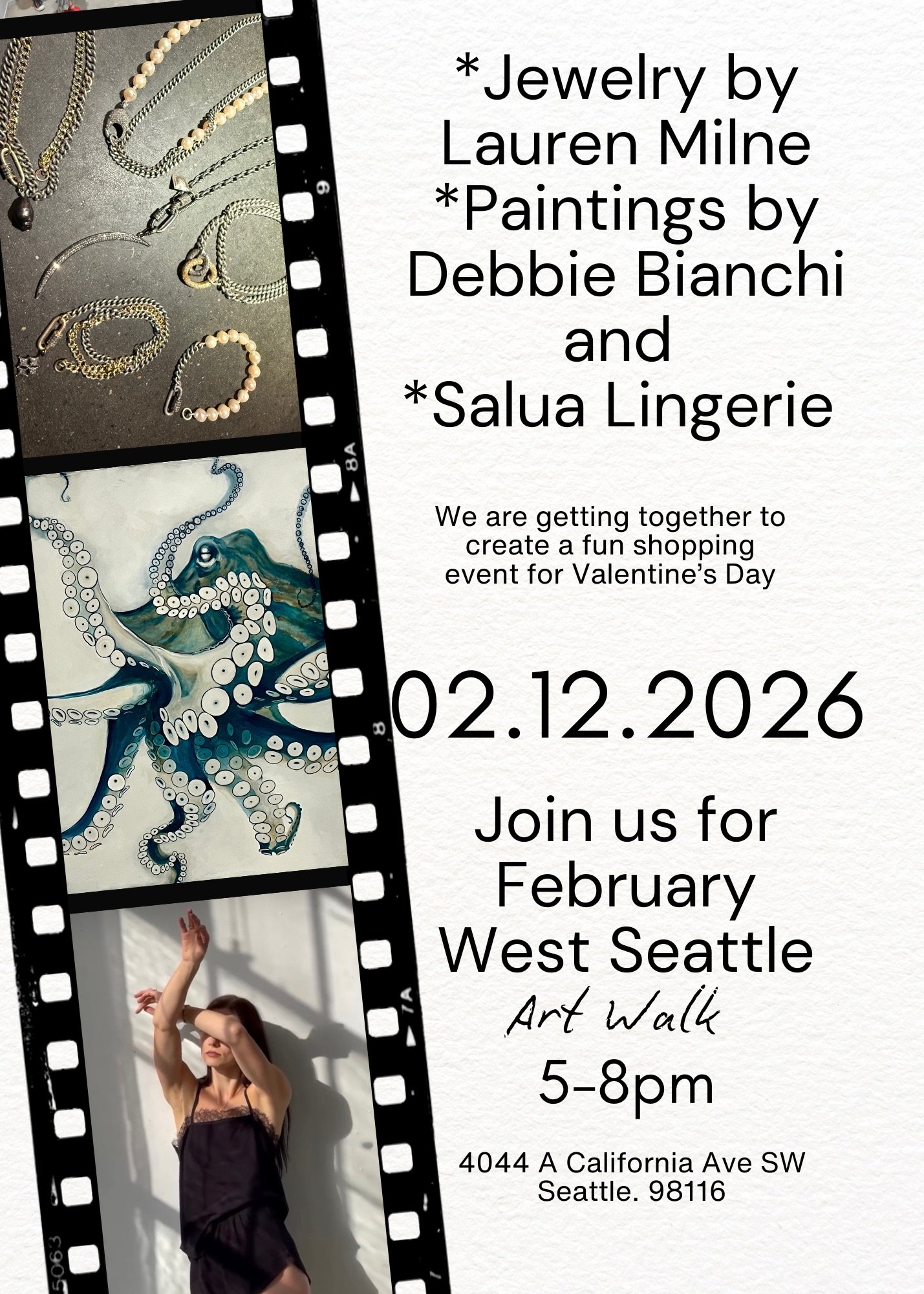 Event flyer with images of jewelry, a painting of an octopus, and a woman performing a dance in lingerie, promoting a Valentine's Day shopping event in West Seattle on February 12, 2026, from 5 to 8 pm.