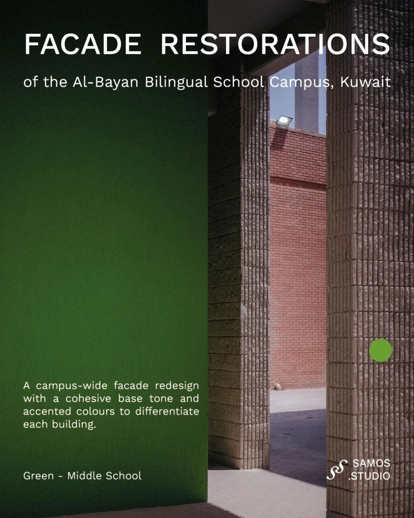 إعادة تصميم لواجهات مباني الحرم المدرسي بلون أساسي موحّد ولمسات لونية مميّزة لتفريق هوية كل مبنى.

الروضة: أصفر
المدرسة الابتدائية: برتقالي
المدرسة المتوسطة: أخضر
المدرسة الثانوية: أزرق

📷 @architectureinmind