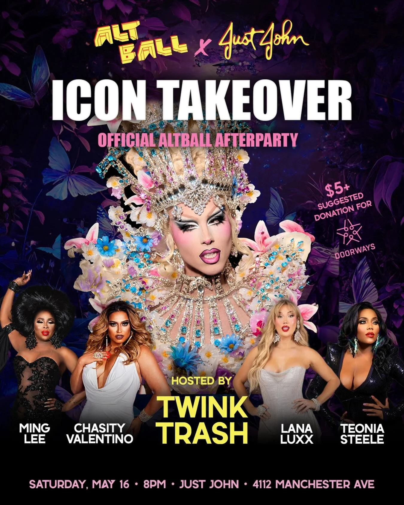 The main event is sold out. The afterparty is WIDE OPEN. 🔥

ICON TAKEOVER: Saturday, May 16 - 8PM @justjohnclub

Hosted by the incomparable @twinktrash and featuring ICONIC performances by @thelanaluxx, @chasity_valentino93, @lifesizematteldoll, @st