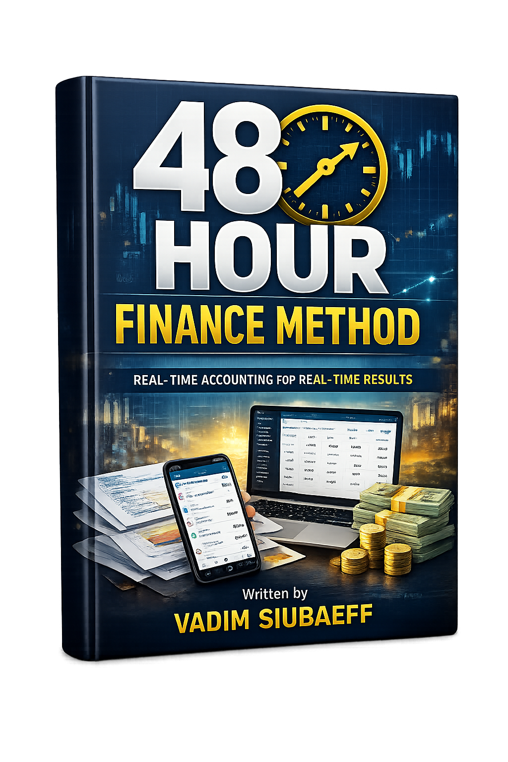 Book cover titled '48 Hour Finance Method' by Vadim Siubaeff, featuring images of financial documents, a smartphone, a laptop displaying financial data, and stacks of cash and coins, promoting real-time accounting and results.