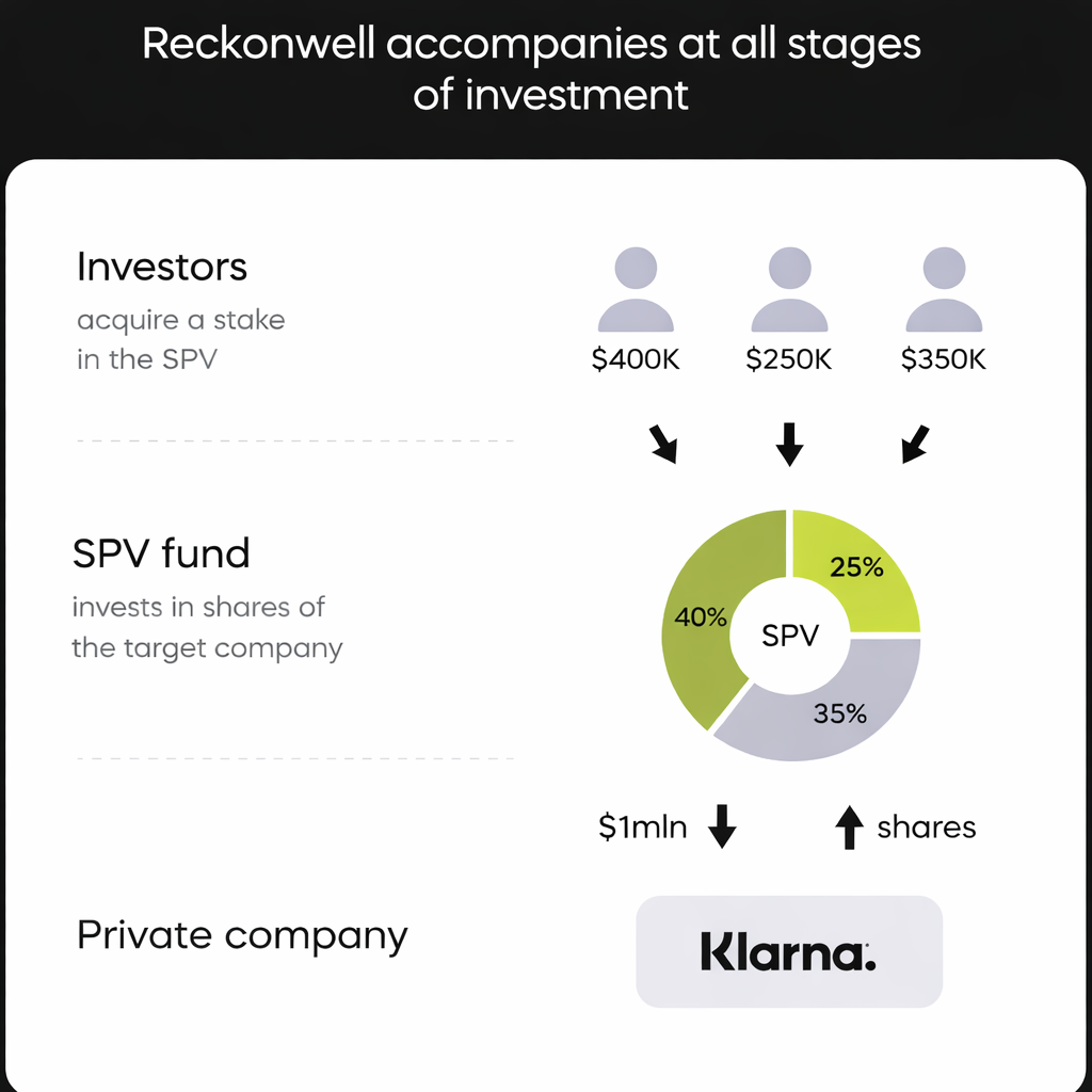 Diagram showing how investors acquire stakes in a private company through an SPV fund, with a circular chart illustrating the distribution of shares among investors.