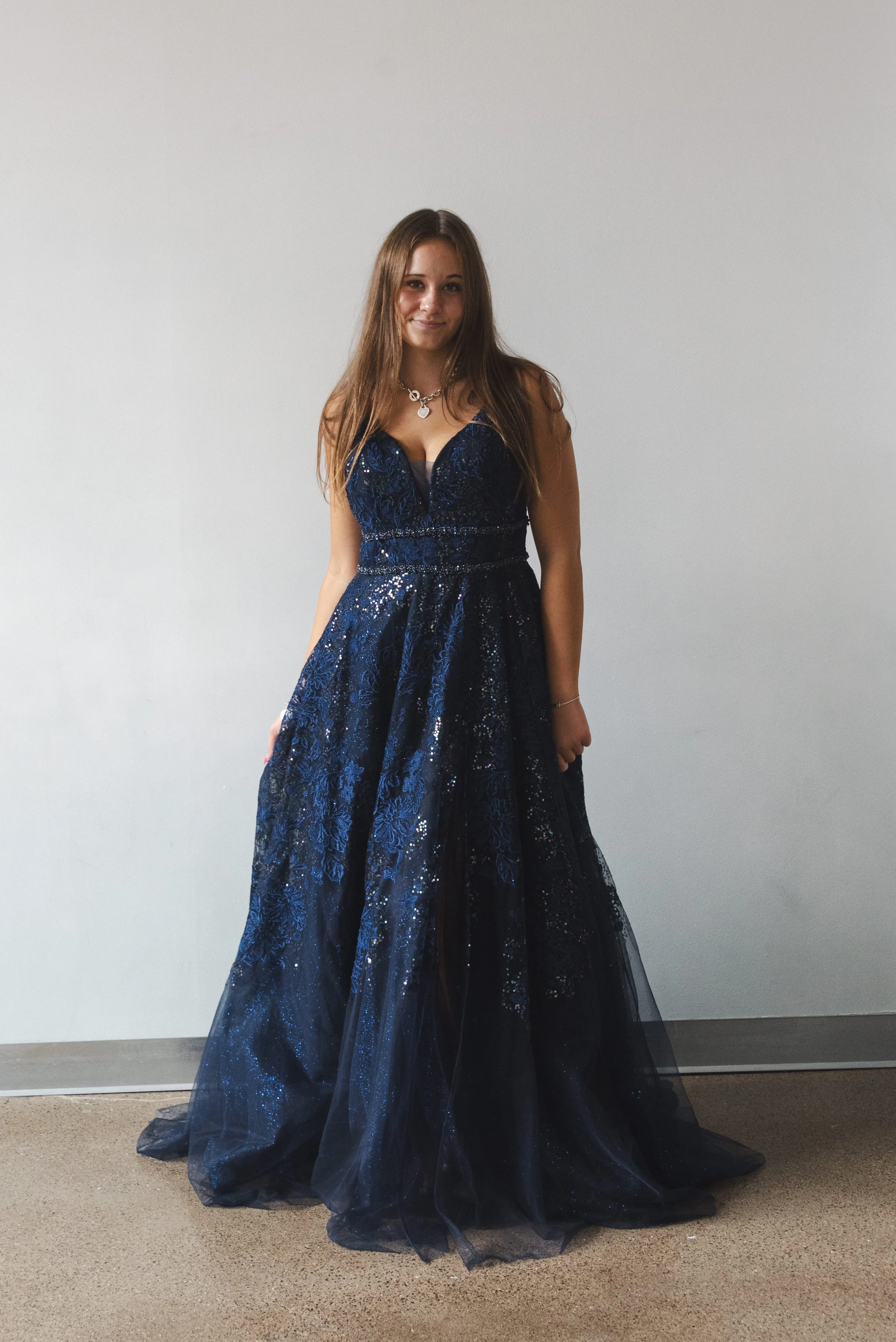 Ellie Wilde Blue Floral Mesh Tule Gown