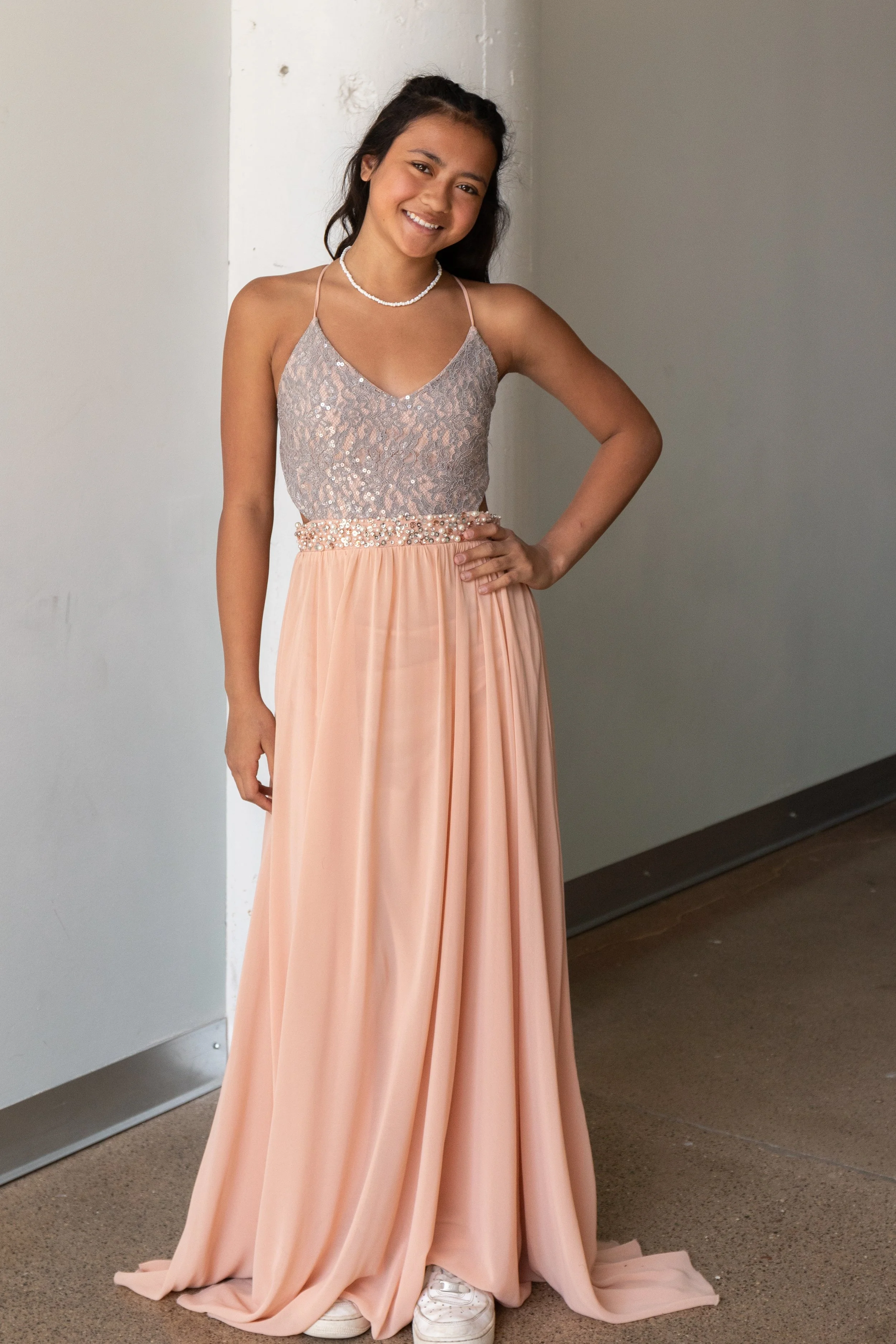 City Studio Blush and Grey Beading Gown