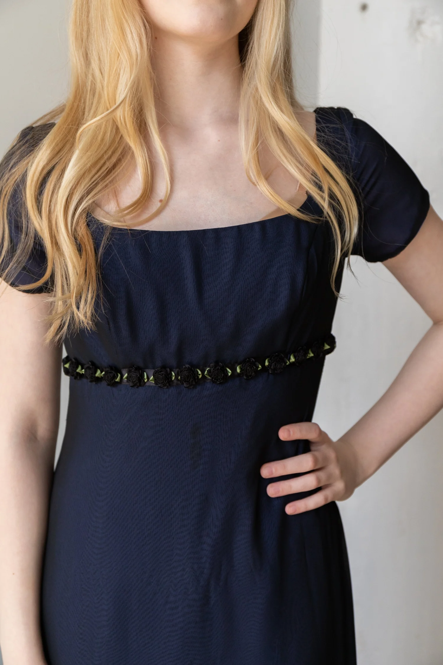 Jim Hjelm Occasions Dark Blue with Flower Details | Pass Down the Gown   passdownthegown