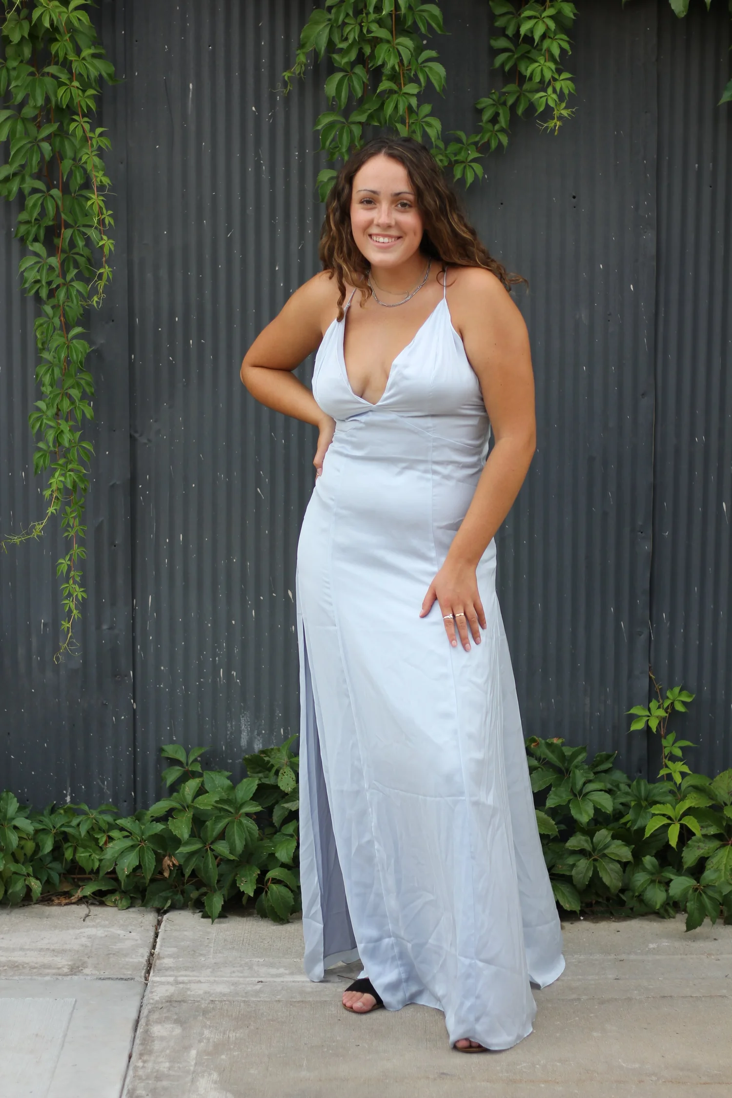 blue long prom dress Stretch Satin Sleek Long Glitter Prom Dress