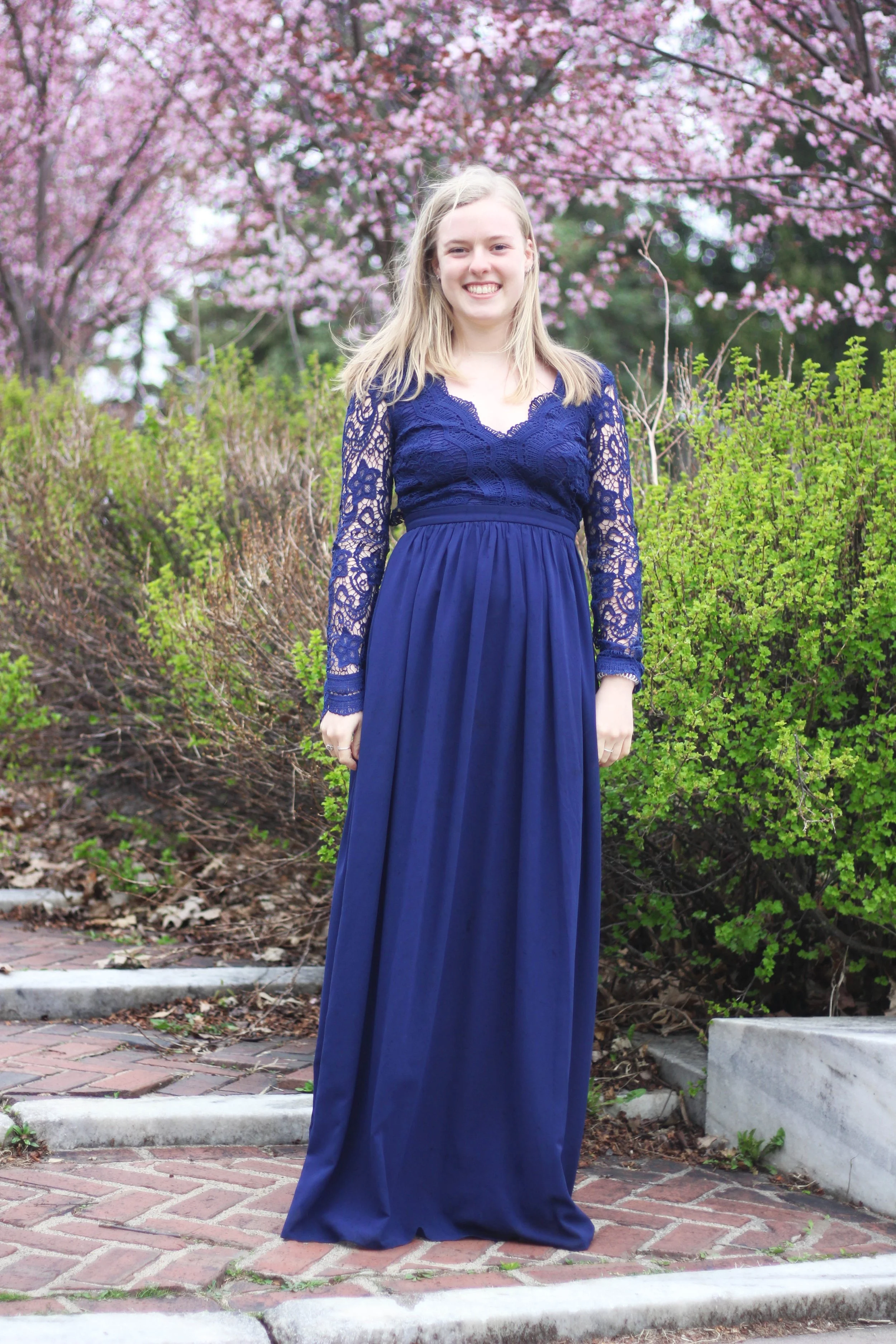 Long Sleeve Navy Blue Dress With White Lace Long Sleeve Navy Blue