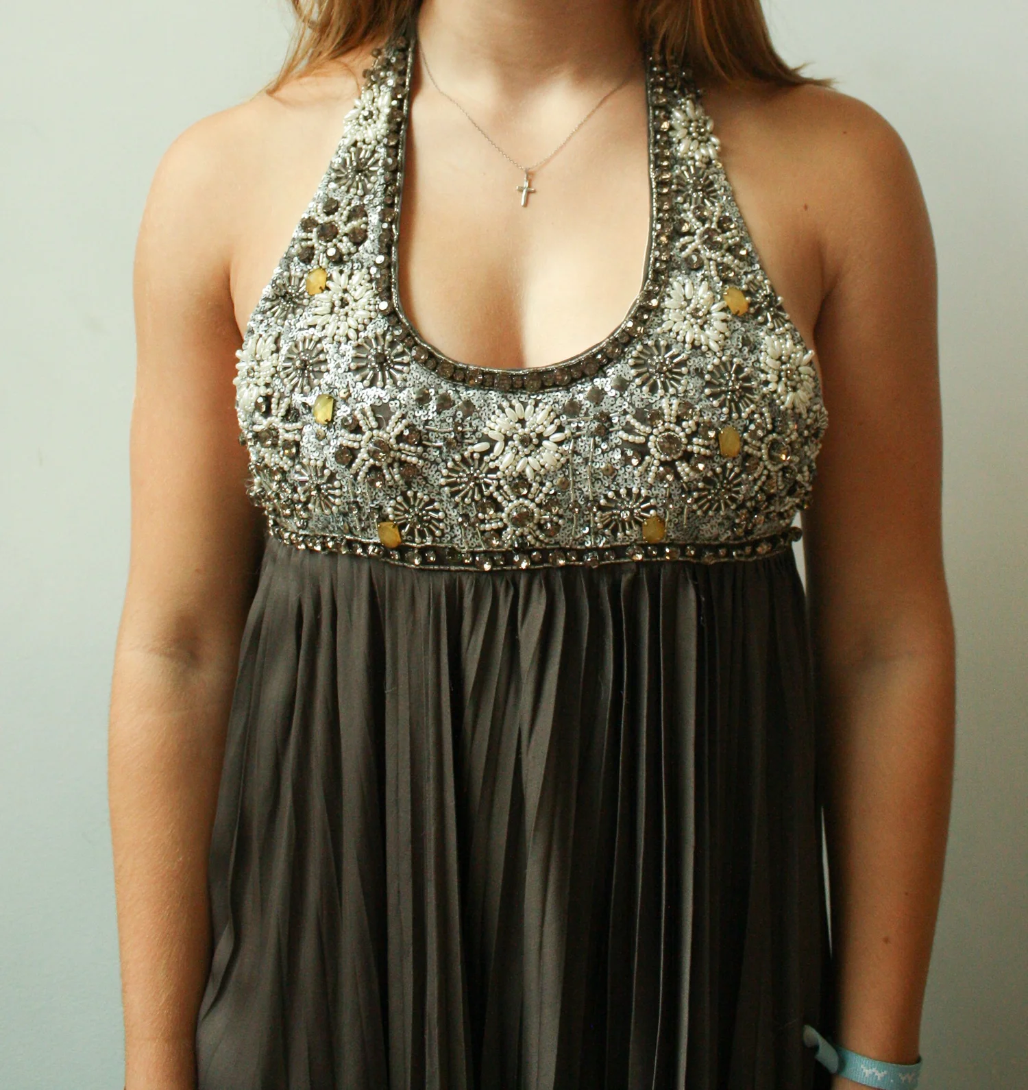 Alice + Olivia Grey Beaded Halter Dress | Pass Down The Gown   passdownthegown