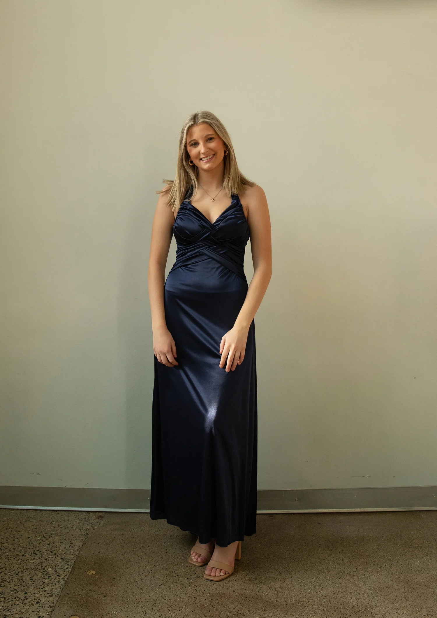 chinese dress ladies Navy Satin Lace-Trim Maxi Dress