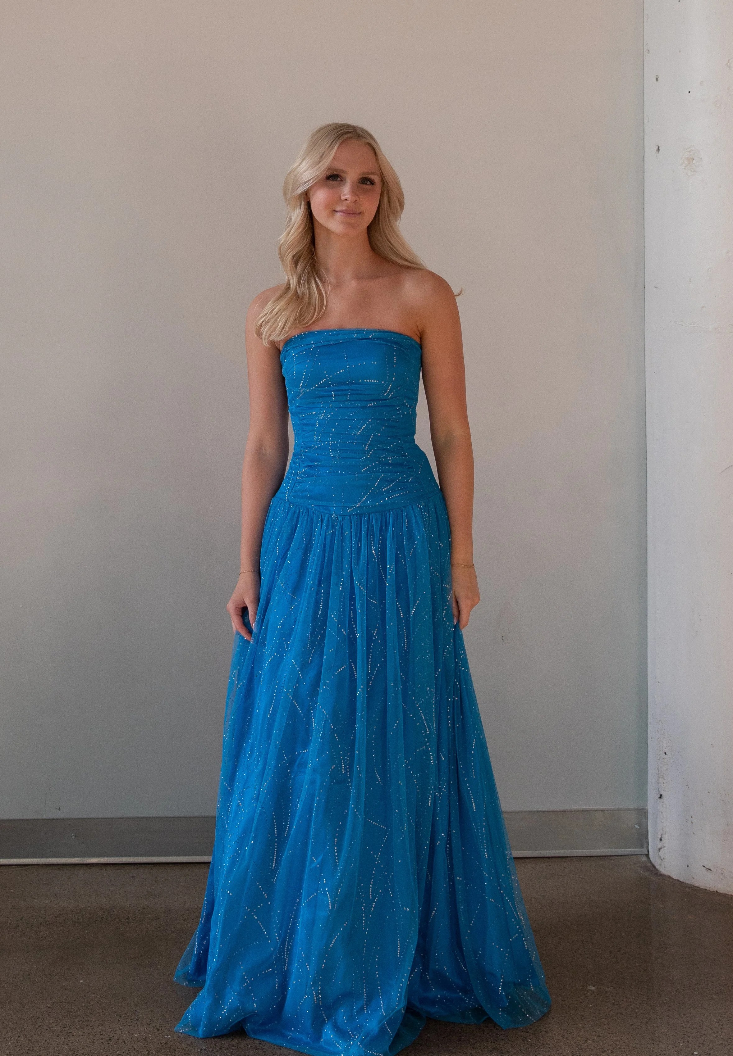 Reign on Glimmer Cerulean Strapless Gown